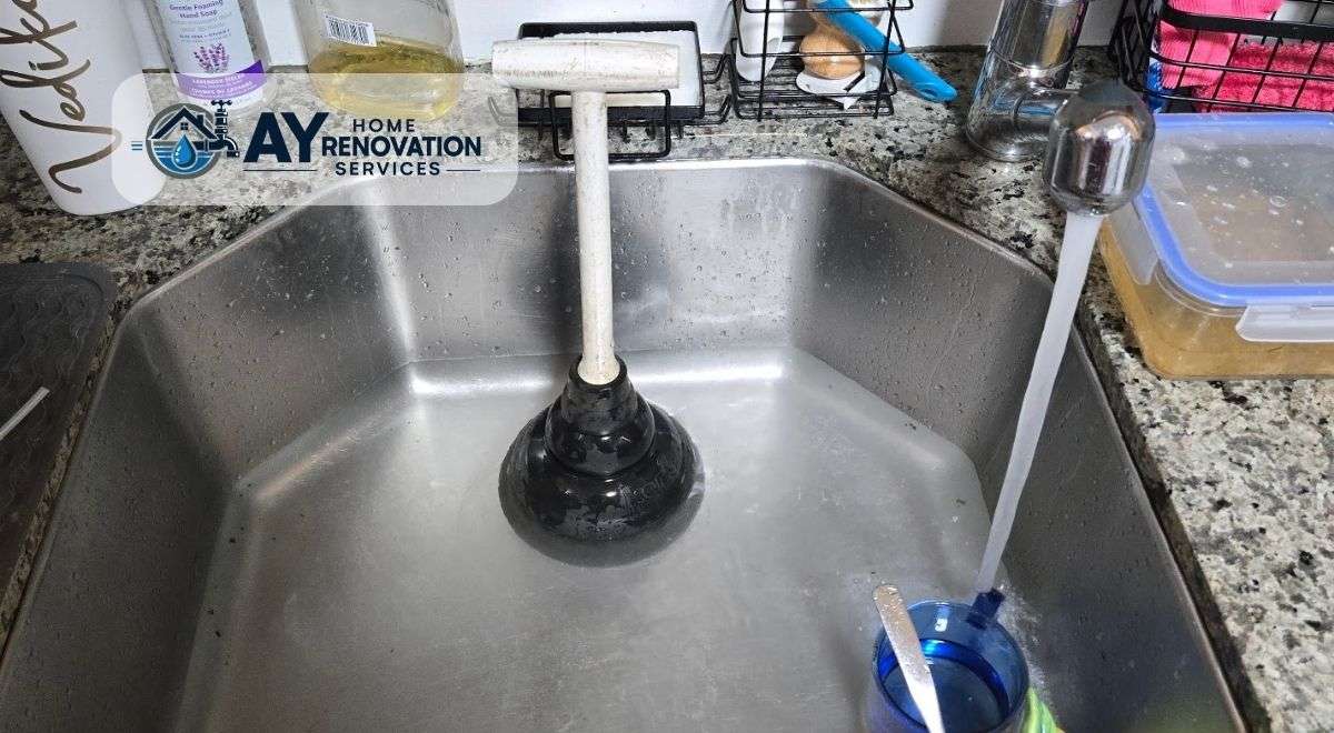 Plunger in a blocked stainless steel kitchen sink